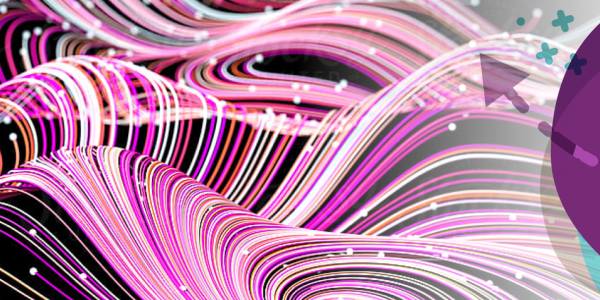 Futuristic image, undulating fiber optic bands in purple, pink and red